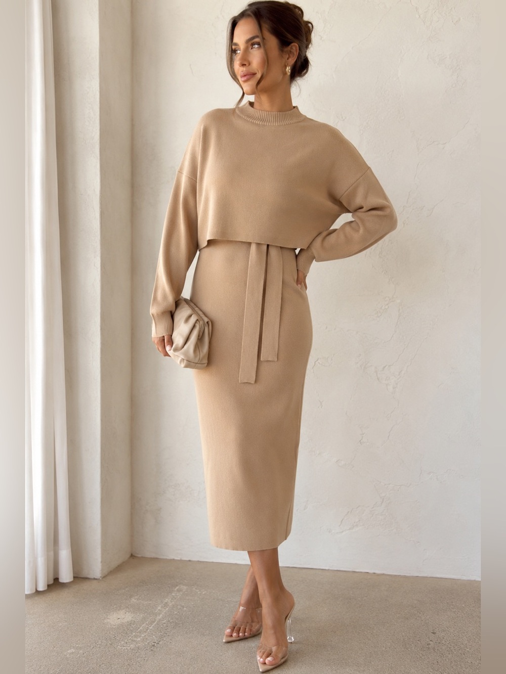 Missguided Beige Knit Sweater Dress Set | Layered Mock Neck Midi Dress